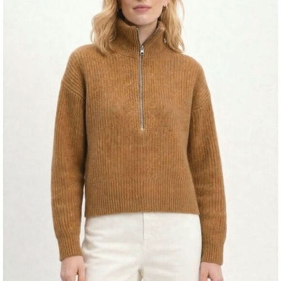 Everlane Sweaters - Everlane The Half-Zip Wool Ribbed Knit Sweater Long Sleeve Camel Tan S Classic